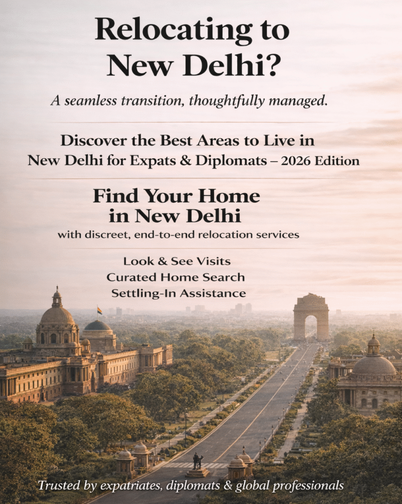 Relocation ad for expatriates to New Delhi, with headlines about seamless transition and contact details visible over a cityscape background.