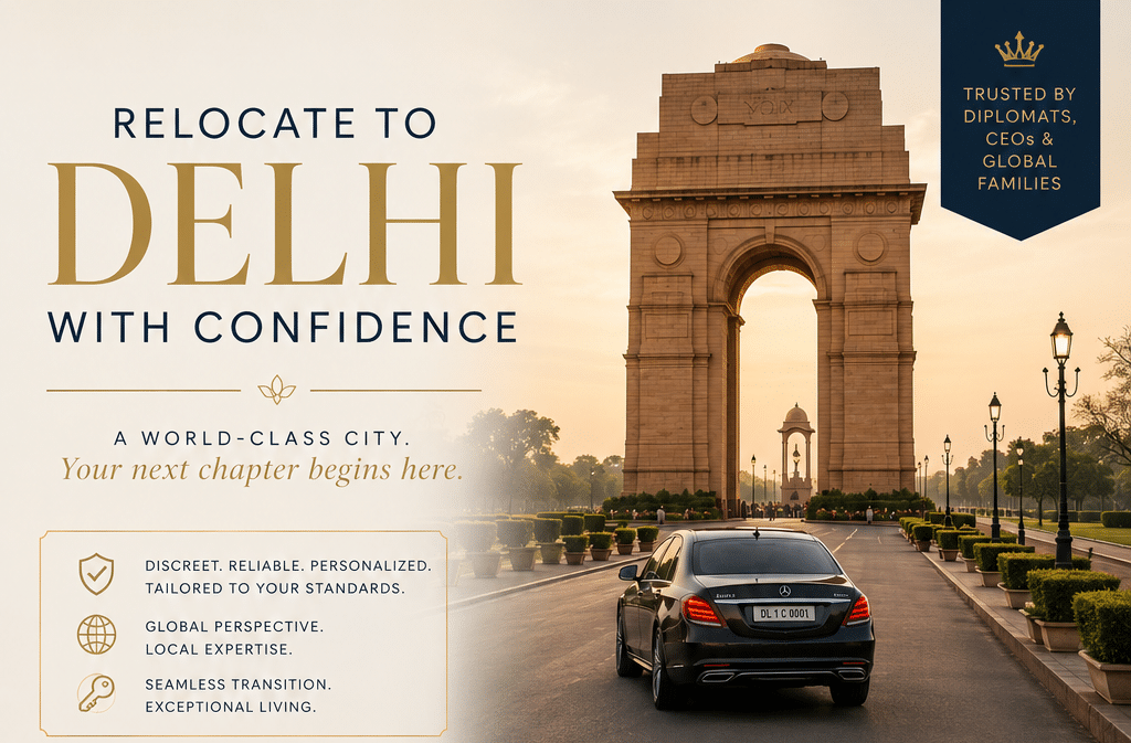 Advertisement for relocating to Delhi with confidence; a black luxury car drives toward a monumental arch at sunset.
