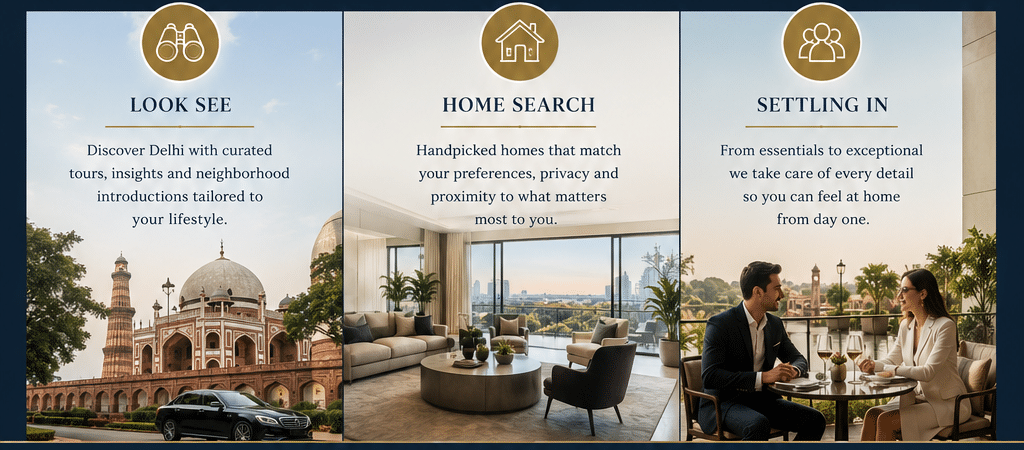 Three-panel layout: Look See featuring Delhi landmark and car; Home Search inside a luxe living room; Settling In with a couple at a sunset dining scene.
