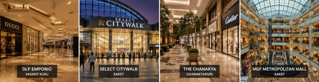 Collage of four upscale shopping mall interiors with storefronts and shoppers: DLF Emporio Vasanat Kunj; Select Citywalk Saket; The Chanakya Chanakyapuri; MGF Metropolitan Mall Saket.