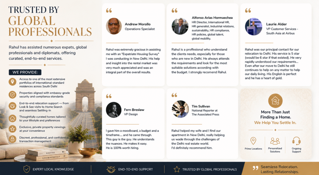 Hero collage: left panel says'Trusted by Global Professionals' with bullet-point services, background arch, and lounge scene; right/top grid shows six testimonial cards with user photos and quotes, plus a bottom right tile 'More Than Just Finding a Home' and icons.